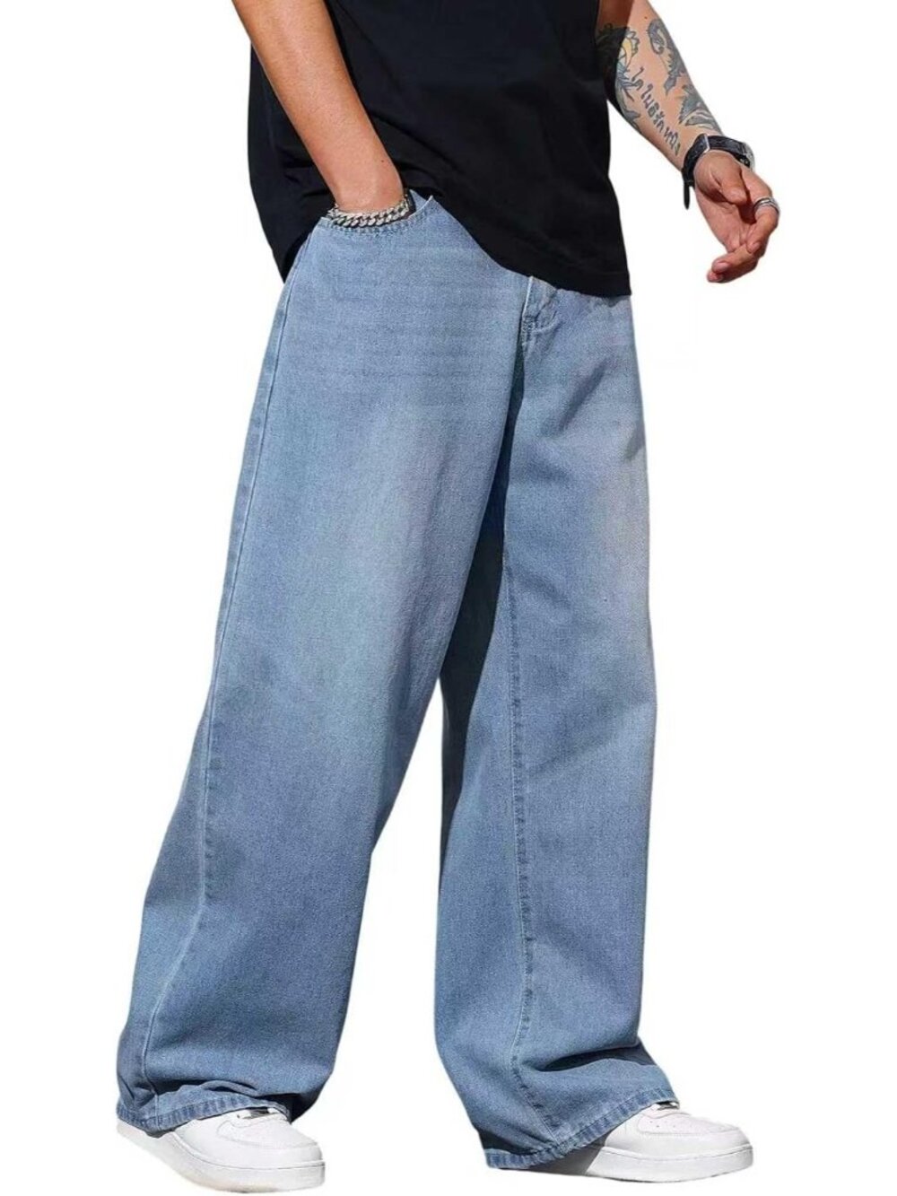Men A52 Blue Wide Leg Loose Fit Hip Hop Streetwear Casual Denim Pant Baggy Jeans